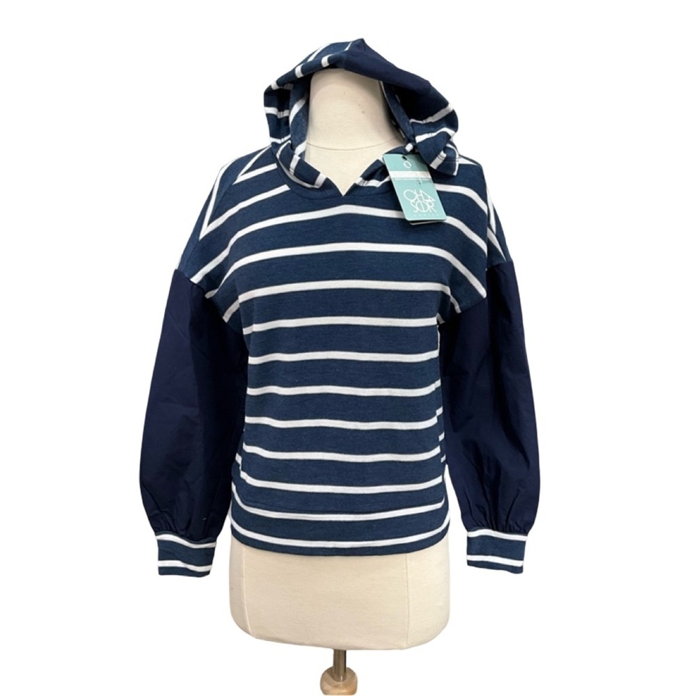 Chaser Navy Stripe Hoodie Mixed Media Long Sleeve Top Size XS NWT
